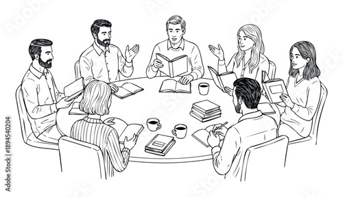 Group of adults engaging in a collaborative meeting or study session, reading books and actively discussing ideas around a table, suitable for educational and professional themes.
