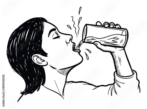 Dynamic depiction of a young woman enjoying a refreshing drink from a glass, emphasizing hydration and wellbeing, suitable for promoting healthy lifestyle choices and beverage products.