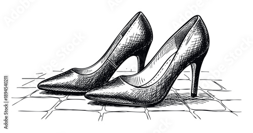 Pair of classic womens high heel pumps elegantly rendered in a striking black and white sketch style, perfect for apparel blogs, elegant advertisements, or event promotions for feminine