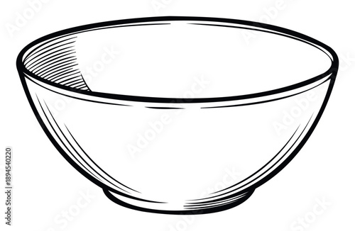 Simple line drawing of an empty ceramic bowl, perfect for food preparation concepts, kitchenware presentations, or minimalist graphic design projects requiring a clean utensil icon