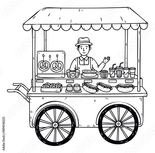 Friendly male vendor operating a street food cart filled with delicious hot dogs, pretzels, and refreshing beverages, perfect for food service advertisements and urban lifestyle content.