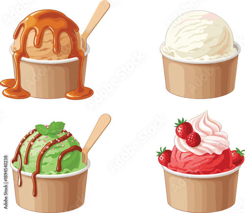 Ice cream dessert vector set featuring caramel vanilla pistachio strawberry scoops in cups with syrup drizzle, fruit toppings, and frozen treat illustrations