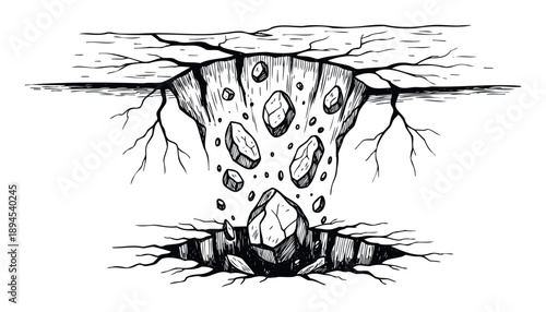 Dynamic visual of collapsing ground and falling debris into a deep rupture, perfect for illustrating natural catastrophes, geological instability, or significant destructive processes.