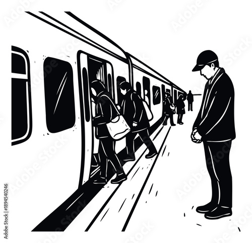 Commuters board a train at a busy subway station platform during peak hours, perfect for transportation, urban life, or daily commute projects