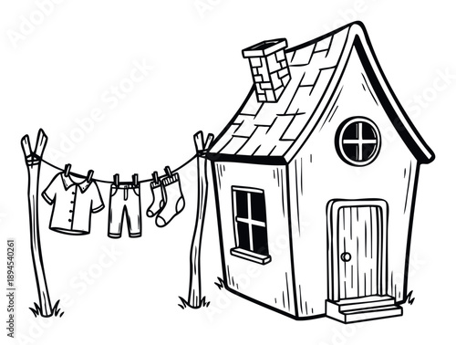 Whimsical house with a chimney, window, and door, featuring a clothesline with a shirt, pants, and socks, perfect for childrens stories, domestic themes, and simple living concepts.