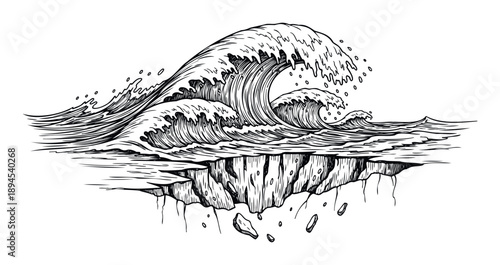 Powerful ocean waves crashing over a dramatically cracked and sinking surface evoking natural disaster themes, ideal for graphic projects, apparel, or symbolic environmental campaigns.