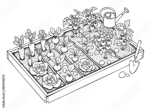 Cultivating fresh organic produce in a rustic raised garden bed showcasing various vegetables and gardening tools ideal for illustrating sustainable living healthy eating and home farming