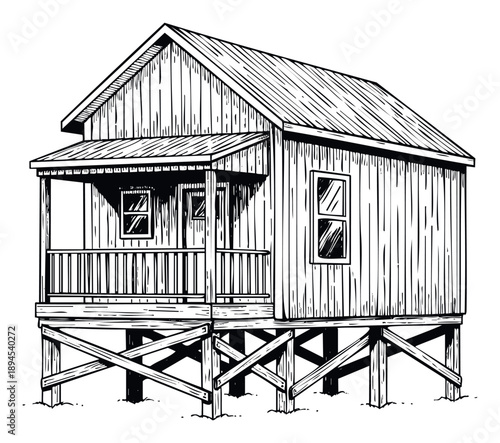 Traditional stilt house with a welcoming porch rendered in a classic woodcut style ideal for illustrating rural architecture, coastal living, or historical housing concepts.