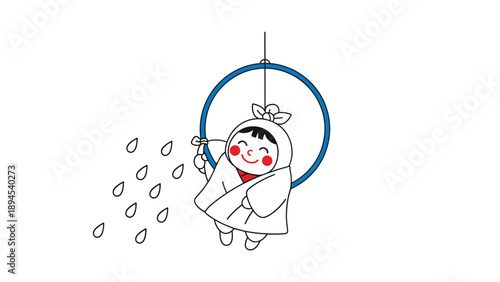 Whimsical illustration of a girl in a white poncho swinging on a large blue ring while rain drops fall nearby.