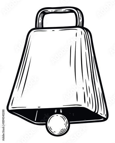 Simple outline drawing of a classic trapezoidal cowbell with a sturdy handle and distinct clapper, perfect for music event promotions or farm animal themed graphic resources