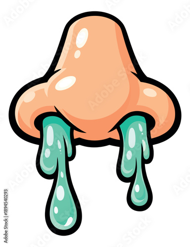 Cartoon illustration of a human nose depicting a runny nose for health-related concepts