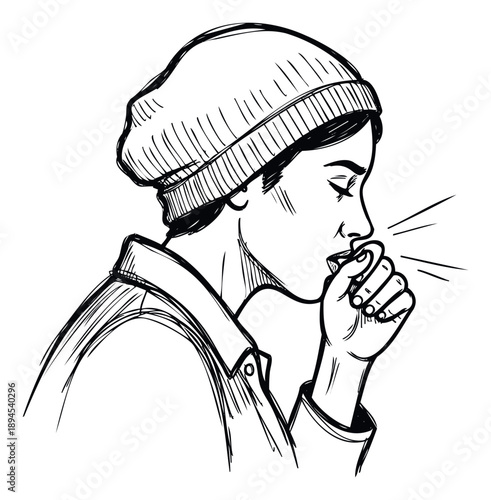 Young woman wearing a beanie covers her mouth while coughing, a symptom of illness or a cold, ideal for medical, health, or wellness related content.