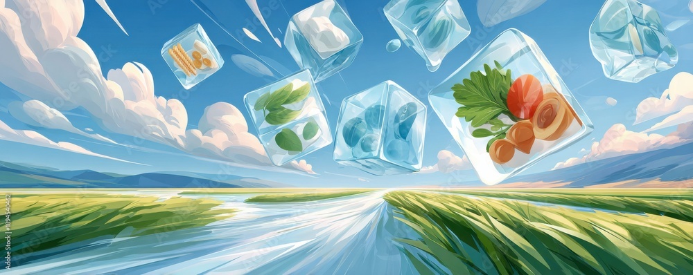 Fototapeta premium Surreal cartoon scene of floating ice cubes containing herbs and foods above a vivid landscape