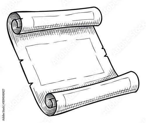 Handdrawn blank old parchment scroll with curled ends featuring a vintage sketch style is perfect for historical documents, ancient messages, or mystical invitations.