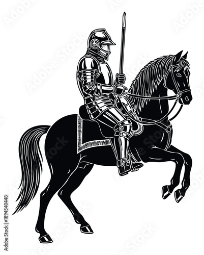 Majestic knight in armor riding a dynamic warhorse, an iconic representation of strength and chivalry, ideal for historical book covers, emblem designs, and classic storytelling