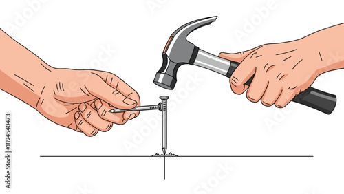 Close up of two hands working together to drive a steel nail into a hard surface using a heavy metal hammer for construction.