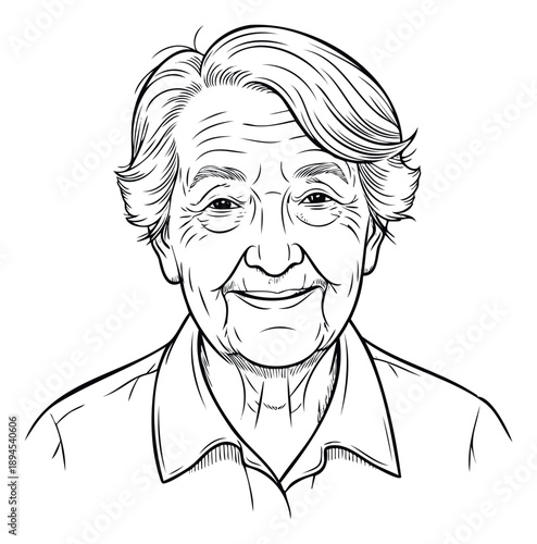 Cheerful senior woman portrait with a warm smile drawn in a clean line art style perfect for elderly care advertisements, health promotion, or educational materials