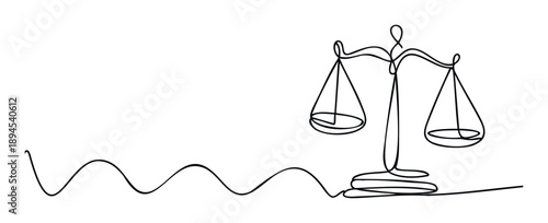 Continuous line drawing representing legal fairness with a balance scale, ideal for law related concepts, justice themes, and corporate responsibility presentations