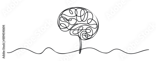 A continuous line drawing depicting a stylized human brain evolving into a treelike form, symbolizing growth, wisdom, and the intrinsic connection between mind and nature, perfect for