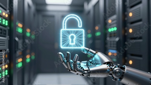 A futuristic robot hand holds a glowing neon padlock icon in a server room