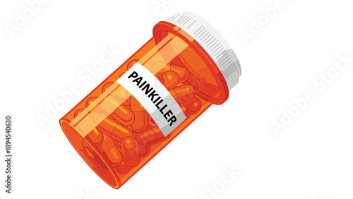 Orange translucent plastic medicine bottle labeled painkiller and filled with multiple orange and yellow capsule pills.