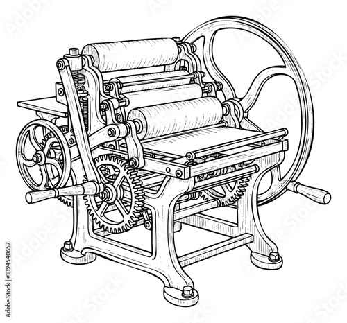 Detailed line drawing of a vintage printing press with intricate gears and rollers perfect for historical publishing projects and graphic arts education