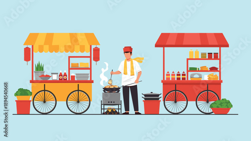 Professional chef in a red hat cooking at a traditional food cart with various ingredients and another stall on the side.