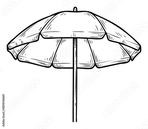 Stylized hand drawn sketch of a classic beach umbrella providing shade for outdoor summer activities and sunny vacation travel advertisements and promotions.