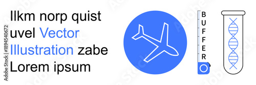 Science, aviation, research, DNA sequencing, biotechnology, education. A blue airplane icon, DNA double helix in a test tube and scientific buffer text. Aviation and science concept linking travel