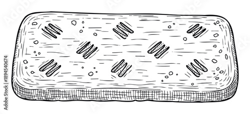 Hand drawn outline of a rustic rectangular flatbread or cracker with decorative scoring marks, ideal for bakery menus, culinary packaging, or food related educational materials
