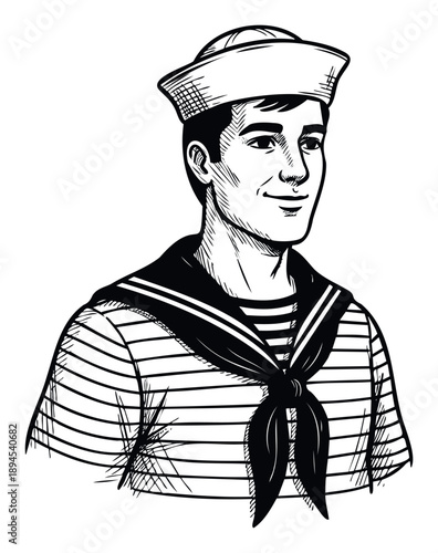 A smiling young man confidently portrays a classic sailor, adorned in a traditional striped shirt and uniform hat, perfect for nautical themed branding and maritime graphic projects.