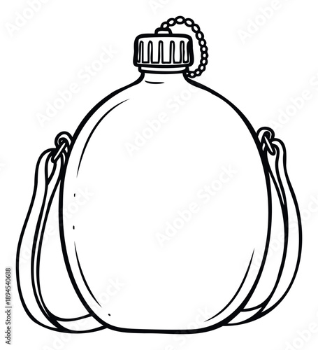 Traditional outline canteen water bottle with a screw cap and strap, perfect for outdoor activity guides, adventure travel visuals, scouting handbooks, or historical camping equipment