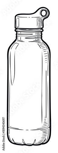 A sleek black outline drawing of a modern insulated water bottle with a secure cap and carrying loop, ideal for active lifestyle promotions and ecofriendly product presentations.