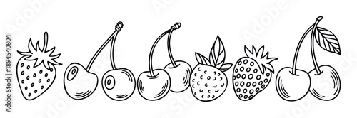 Simple hand drawn outline of fresh red strawberries and sweet juicy cherries perfect for healthy food product packaging and natural fruit juice labels
