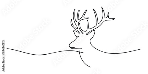 Elegant continuous single line drawing of a majestic deer head adorned with grand antlers, suitable for natureinspired branding, outdoor adventure merchandise, and sophisticated
