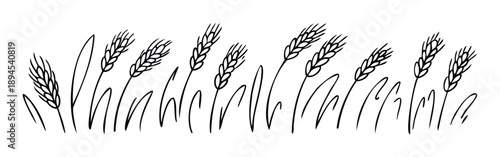 Simple black outline drawing of a wheat field symbolizing agricultural abundance and harvest season, useful for food branding and natural product packaging.