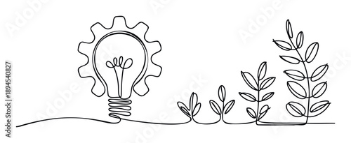 Continuous line drawing of a lightbulb and gear evolving into growing plant sprouts, symbolizing innovation, progress, and sustainable development for business, education, and environmental