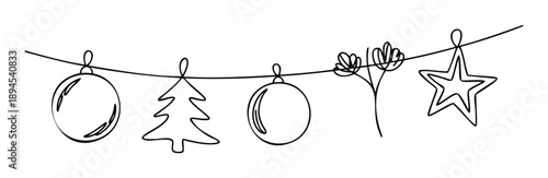 A continuous line drawing of Christmas decorations like baubles, a tree, branch, and star on a string, ideal for holiday season greetings and winter event graphic projects.