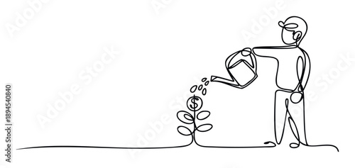 Financial growth and investment depicted by a continuous line drawing of a person watering a money tree, perfect for illustrating business strategies, financial planning, and economic