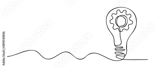 Abstract single line concept of a light bulb containing a mechanical gear symbolizing creative engineering thought process and ongoing solution development for various industry applications.