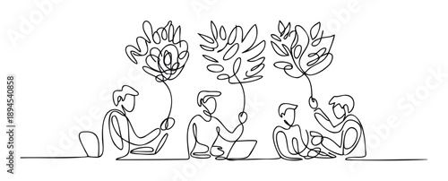 A continuous single line drawing depicts a group of four diverse professionals collaborating on innovative projects with laptops, symbolizing teamwork, brainstorming, and growth for