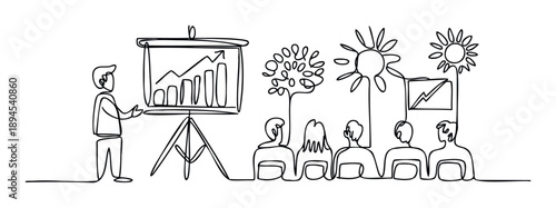 Single line drawing depicting a business professional delivering a presentation with growth charts to an attentive audience, ideal for corporate training, market analysis, or educational