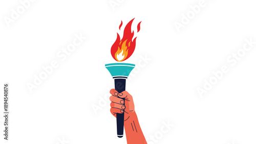 Powerful illustration of a hand firmly grasping a black and turquoise torch with a bright orange flame rising against a white background.