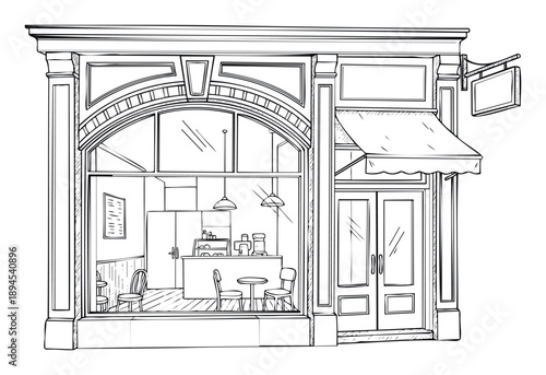 Detailed line drawing of a classic storefront cafe building with an inviting interior view and welcoming entrance perfect for architectural design projects and small business branding