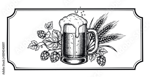 Black and white woodcut style drawing of a frothy beer mug surrounded by hops and wheat, perfect for brewery logos, pub menus, or craft beverage branding.