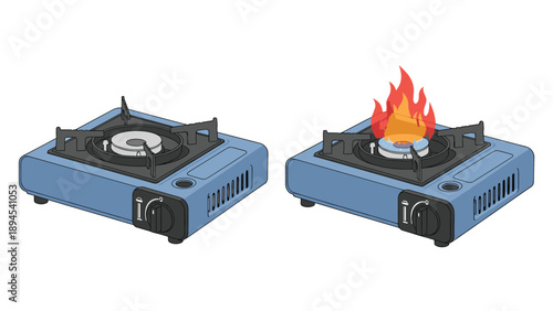 Portable blue butane camping stove shown in two states with one turned off and the other ignited with a bright orange flame for cooking.