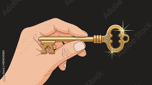 Human hand holding a shiny golden vintage skeleton key with star sparkles against a solid black background representing mystery or success.