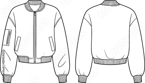 Women's Cropped Bomber Jacket Technical Fashion Drawing Vector Illustration Featuring Ribbed Trims, Utility Sleeve Pocket, Full Zip Closure, Welt Pockets, Front and Back View, Apparel Mockup.