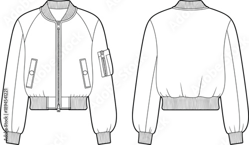 Women's Cropped Bomber Jacket Technical Fashion Drawing Vector Illustration Featuring Zip Closure, Ribbed Trims, Sleeve Pocket, Flap Pockets, Front and Back View, Apparel Mockup.