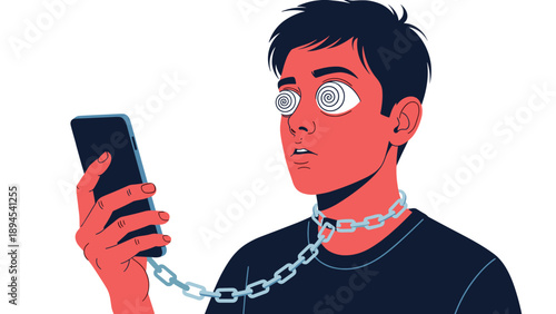 Young man with spiraled hypnotic eyes chained by the neck to his smartphone illustrating the concept of social media and phone addiction.